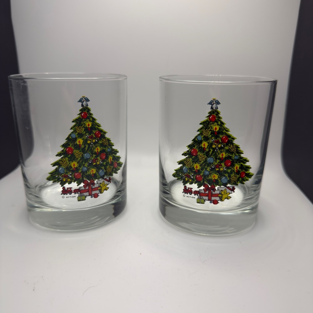 Vintage Action Christmas Tree Rocks Glasses Set of 2‎ Holiday Lowball Tumblers